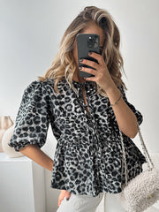 Leopard Print Puff Sleeve Tie Front Top