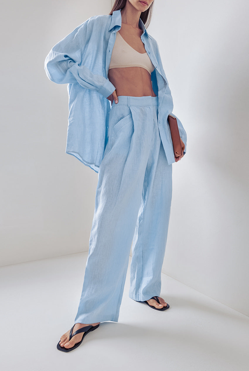 Cotton And Linen Loose Long-Sleeved Trousers Suit