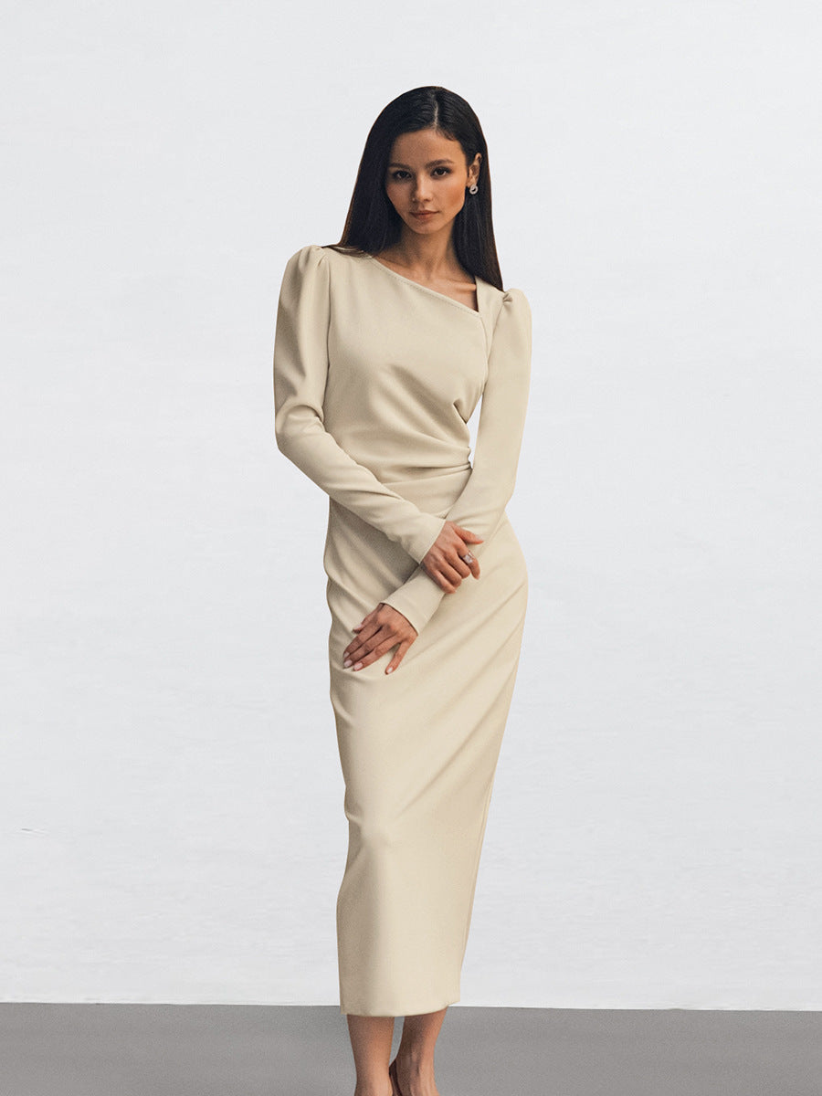 Fitted Midi Dress With Asymmetric Neckline