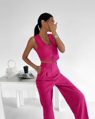 V-Neck Vest Sleeveless Top Straight Trousers Set