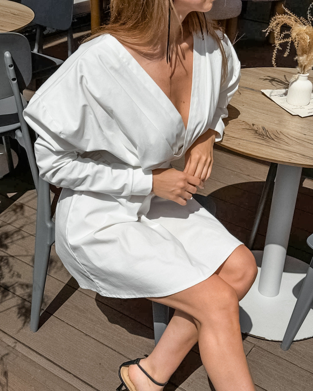 White V-neck Puff Sleeve A- Line Dress