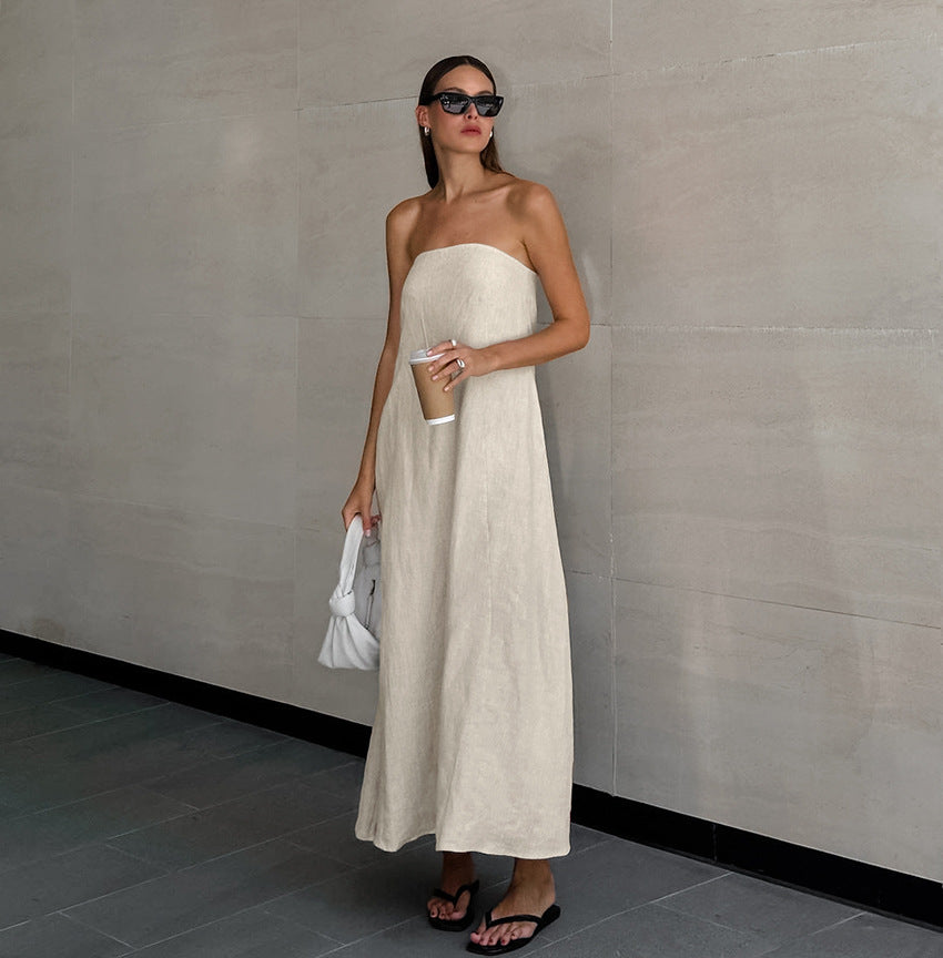 Linen A-Line Strapless Maxi Dress