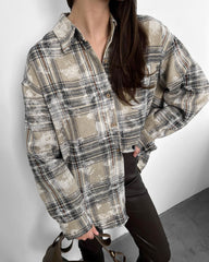 Vintage-Inspired Brushed Plaid Oversized Shirt