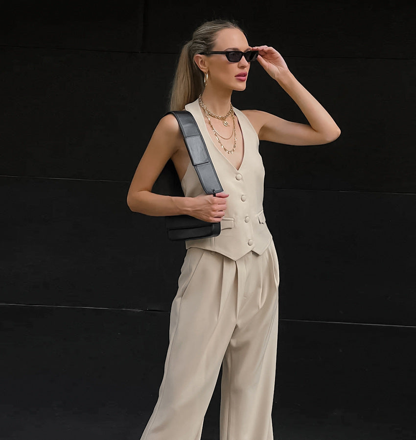 V-Neck Halter Vest Wide-Leg Pants Suit