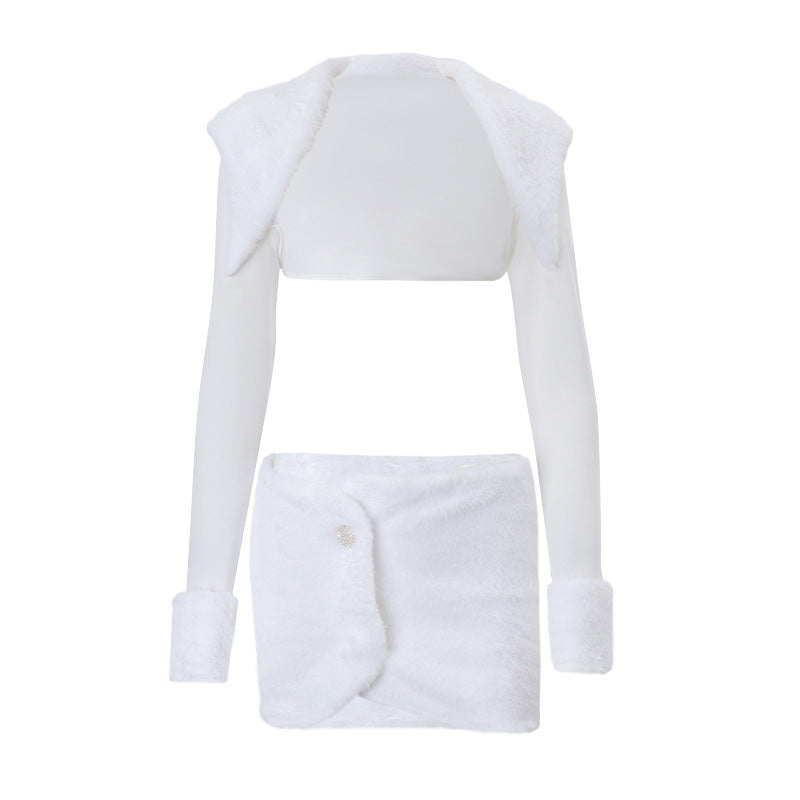 Plush Long Sleeve Shawl Top Slim Fit Hip Skirt Set