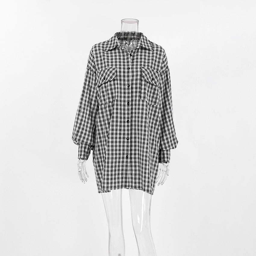 Checked Shirt Collar Pure Cotton Top