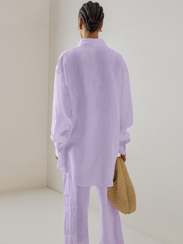 Cotton And Linen Loose Long-Sleeved Trousers Suit