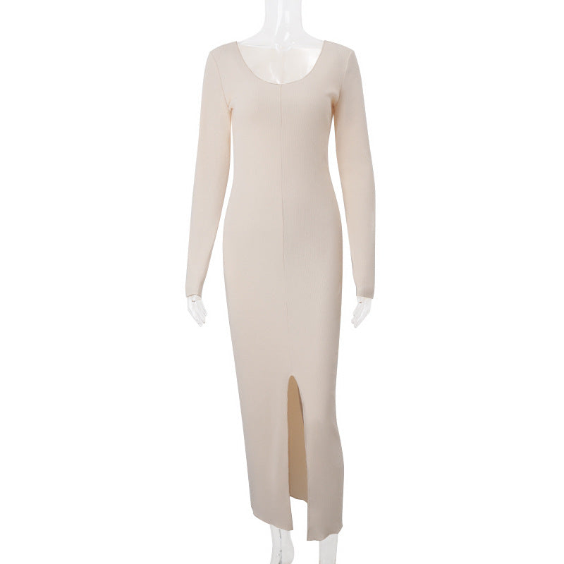 U-neck High Waist Slim Fit Slit Knitted Dress