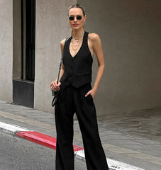 V-Neck Halter Vest Wide-Leg Pants Suit