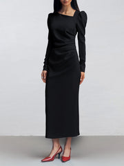 Fitted Midi Dress With Asymmetric Neckline