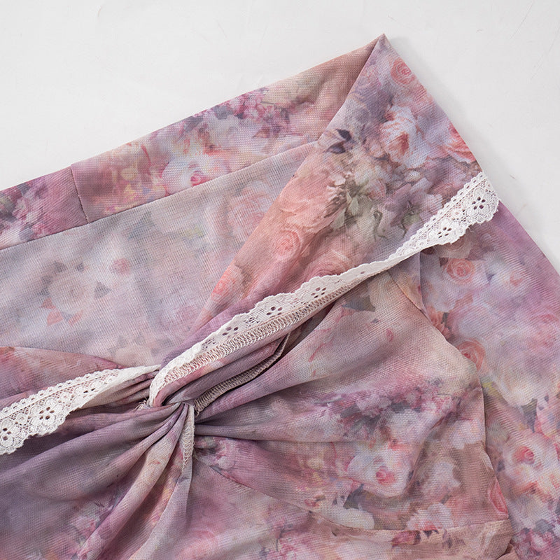 Off-Shoulder Floral Print Ruffled Lace Long-Sleeved Top