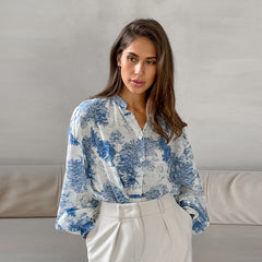 Ink Painting Shirt Design Print Lantern Sleeve Stand Collar Top