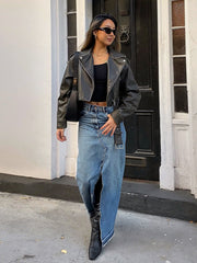 High-Waisted Denim Skirt with Front Slit