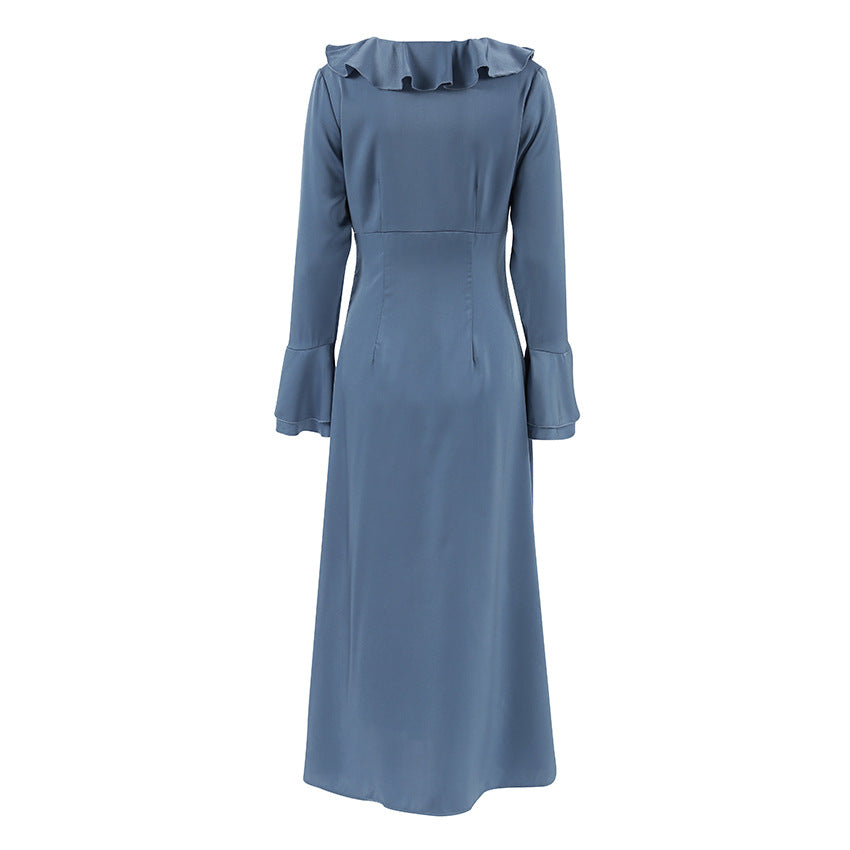 Satin Midi Dress With Flounced Collar And Pearl Buttons