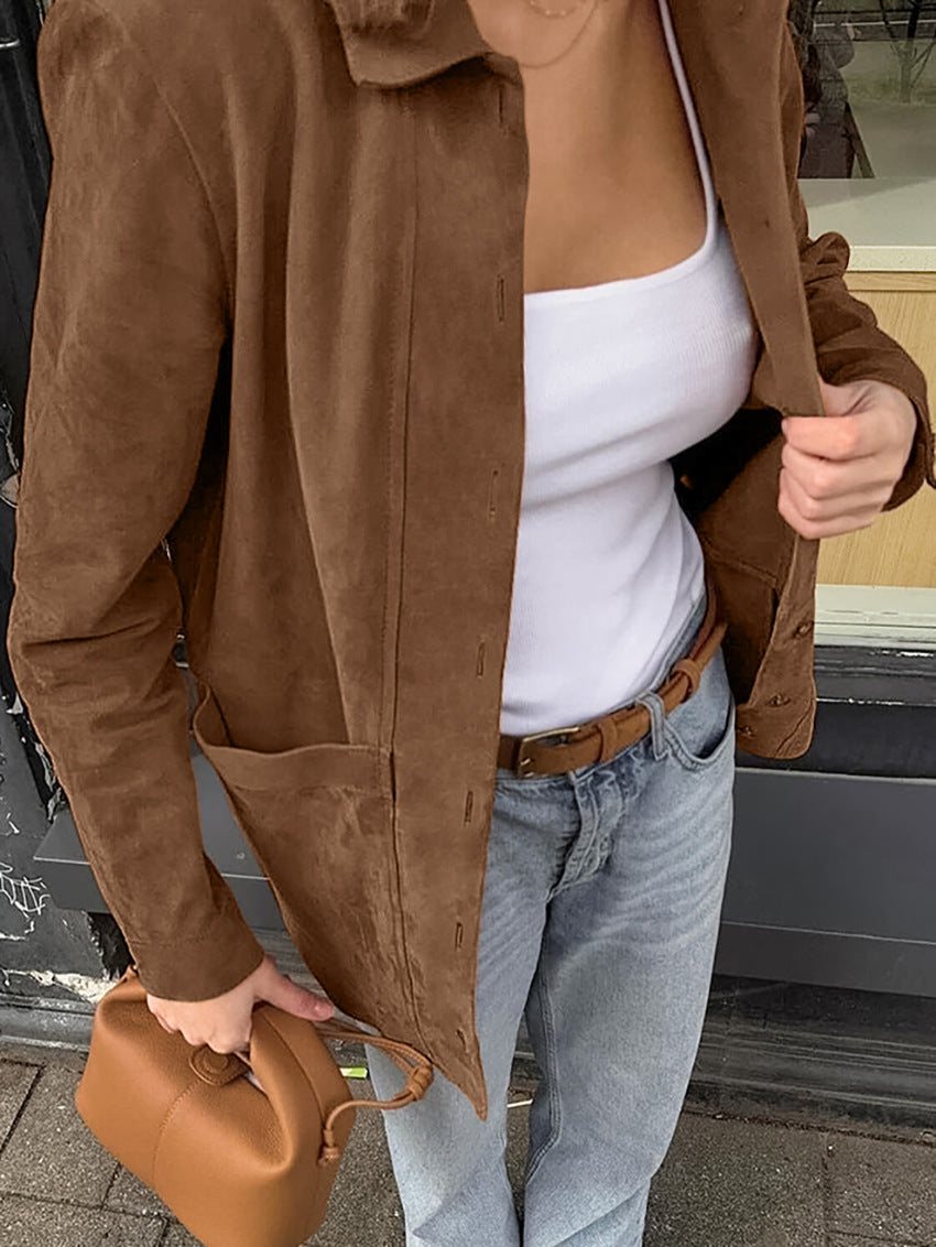 Casual Long Sleeve Lapel Button Suede Jacket