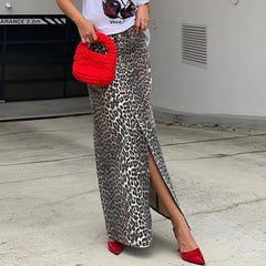 Cotton Leopard Print Split Midi Skirts