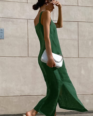 Green Cotton And Linen Sleeveless Slit Dress