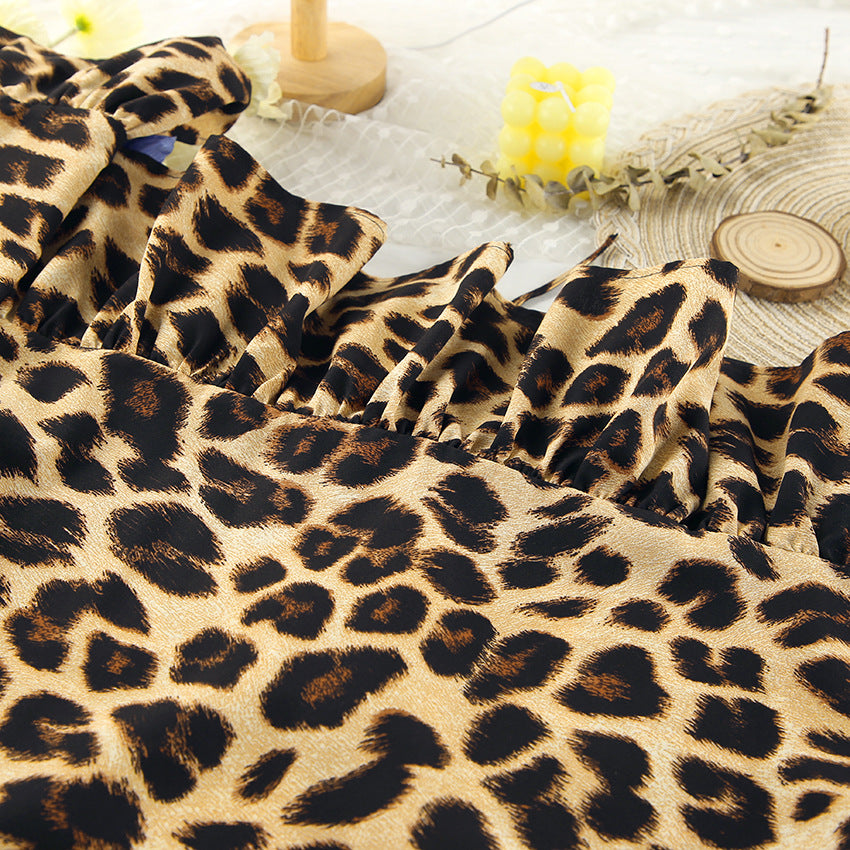 Leopard Print Loose V-neck Tie Top and Elastic Waist Comfort Pants Set