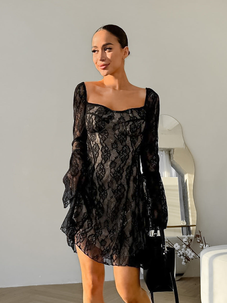 Lace Square Neck Bowknot Bell Sleeve Mini Dress