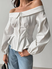 White Button-up Off-shoulder Top