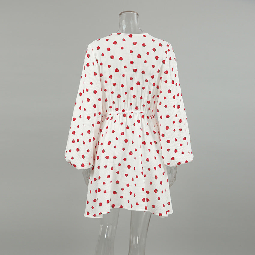 Strawberry Print Puff Sleeve Cotton Dress