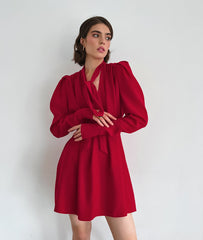 Bow Neckline Lantern Sleeve Mini Dress
