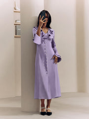 Satin Midi Dress With Flounced Collar And Pearl Buttons