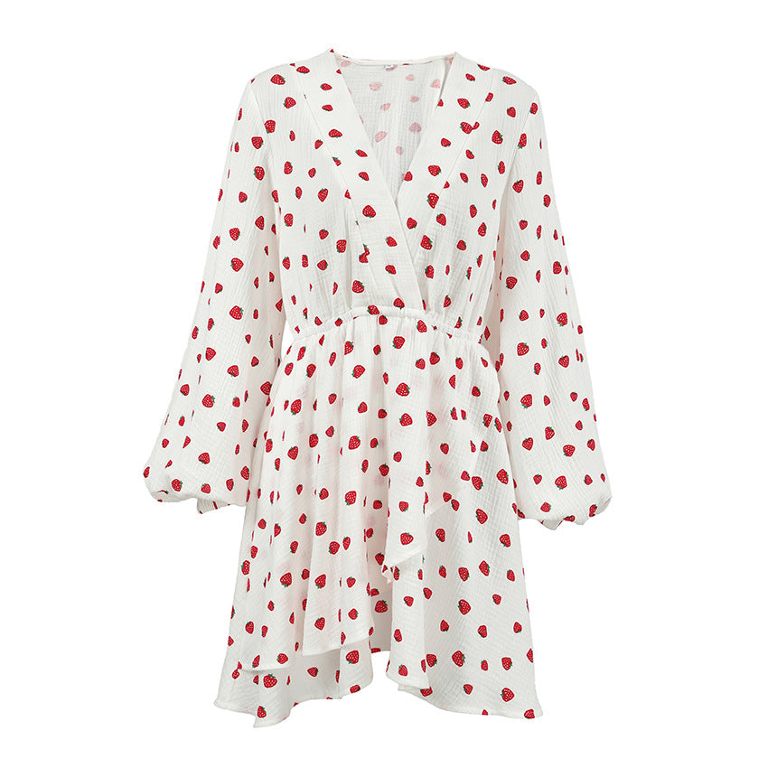 Strawberry Print Puff Sleeve Cotton Dress