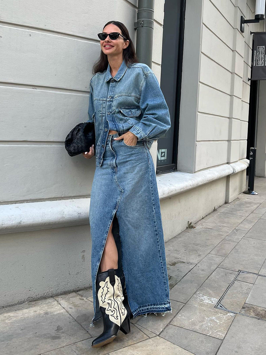 High-Waisted Denim Skirt with Front Slit