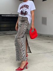 Cotton Leopard Print Split Midi Skirts