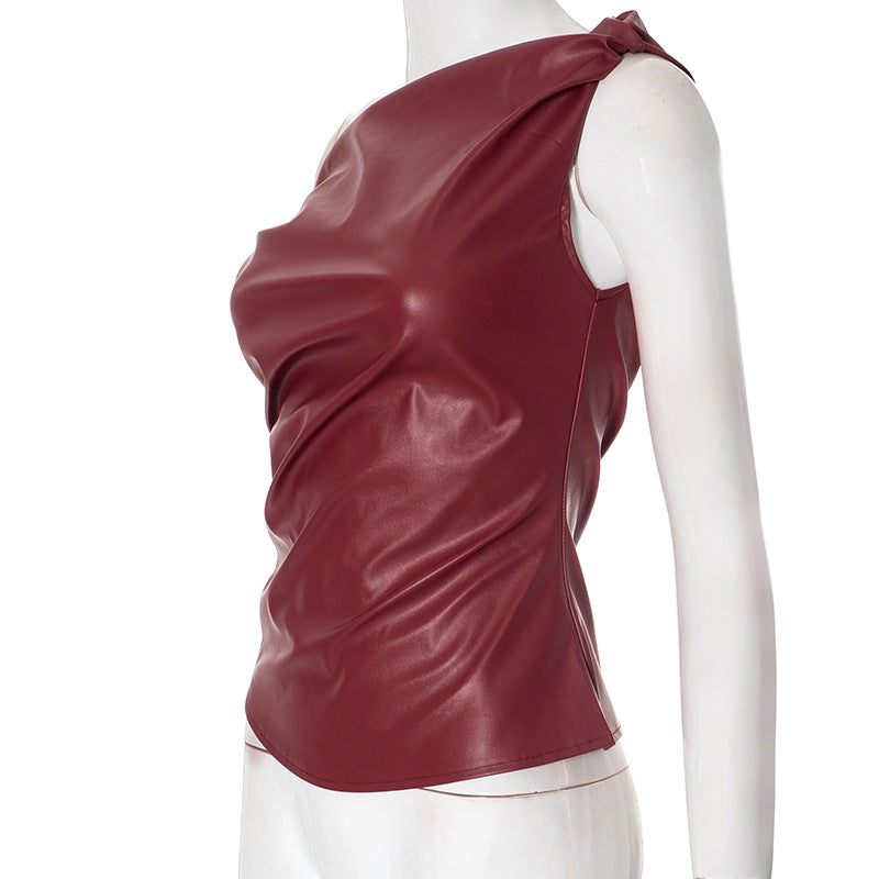 Off Shoulder Twist Leather Look Top