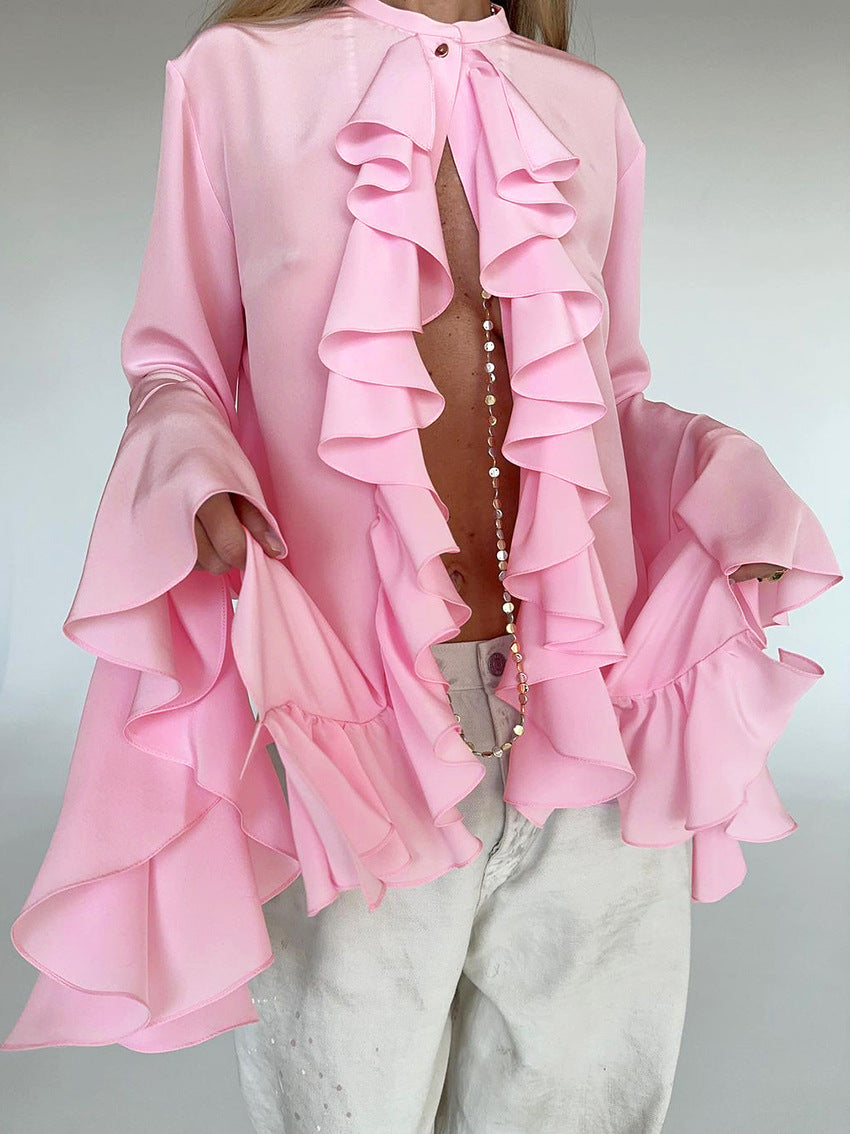 Bell Sleeve Up Sheer Chiffon Ruffle Blouse