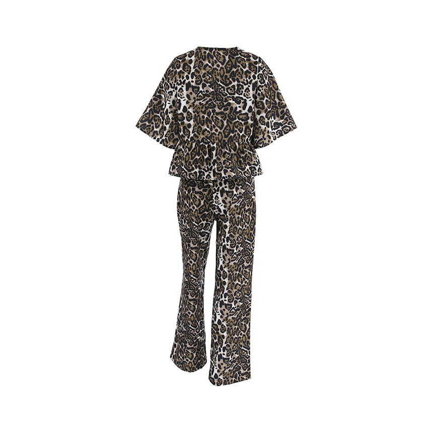 Leopard Print Half Sleeve Cardigan Trousers Two-piece Set