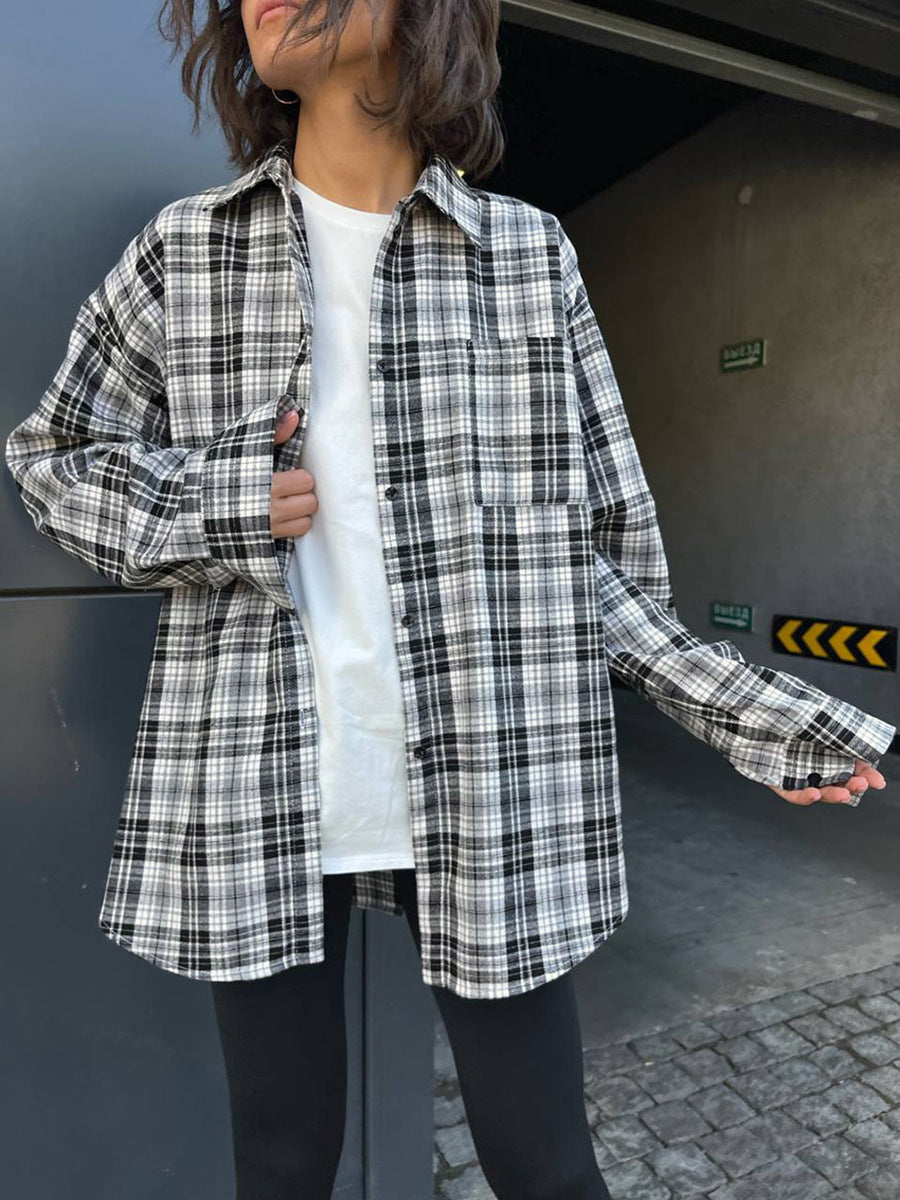 Pocket Lapel Long Sleeve Plaid Shirt