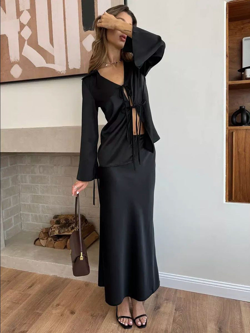Bell Sleeve Tie Top Fishtail Skirt Set