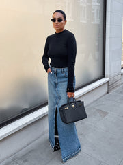 High-Waisted Denim Skirt with Front Slit