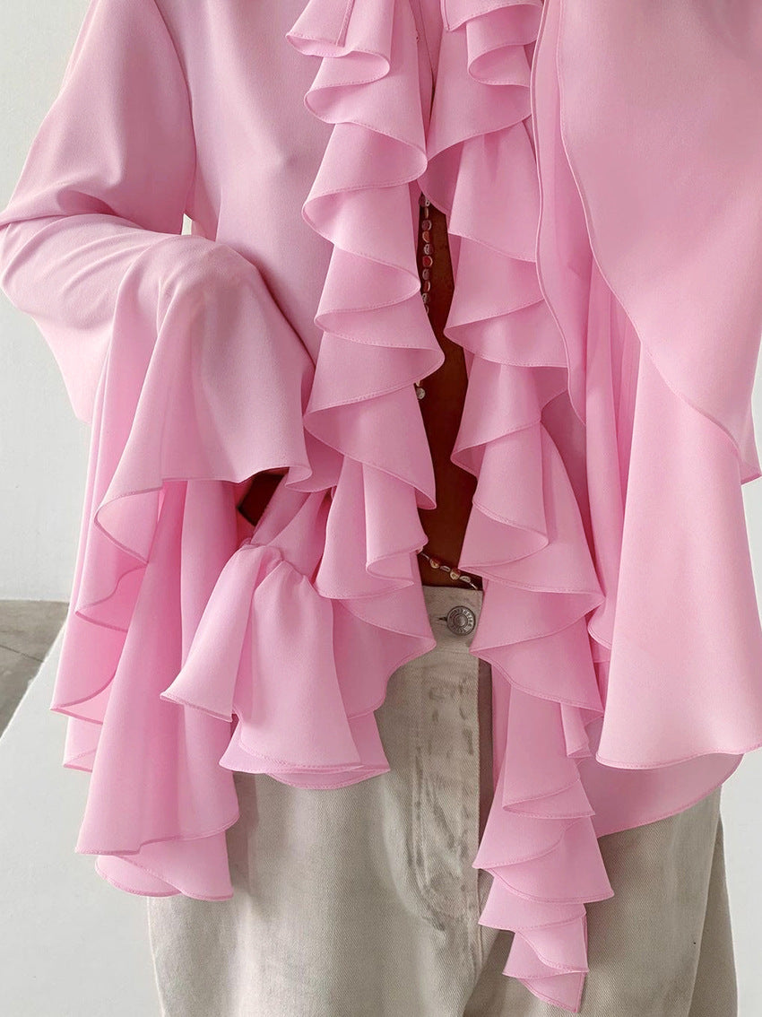Bell Sleeve Up Sheer Chiffon Ruffle Blouse
