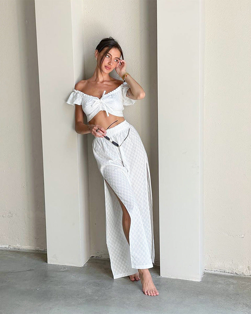 Cotton Ruffle Sleeve Slit Pants Suits