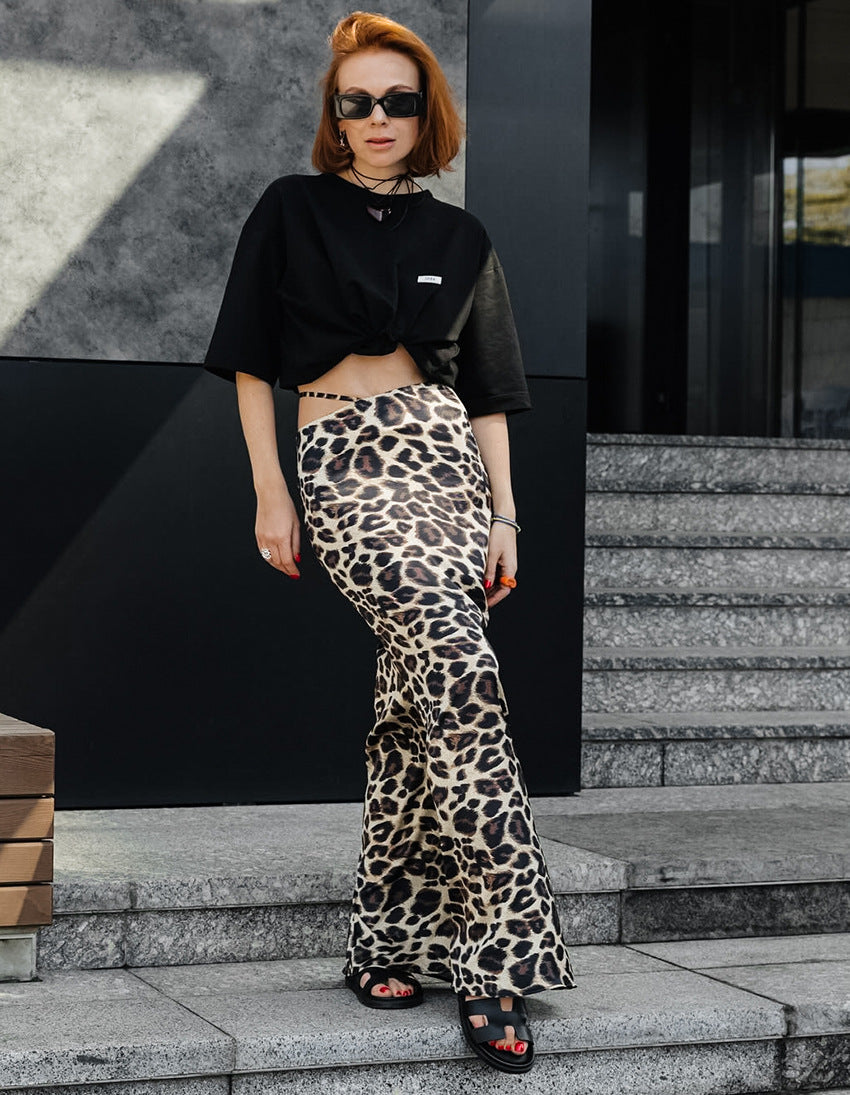 Satin Leopard Fishtail Skirt