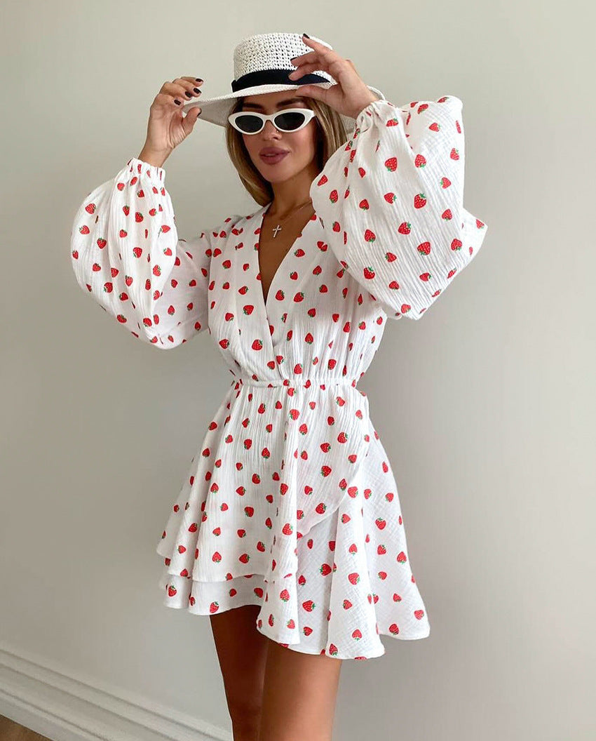 Strawberry Print Puff Sleeve Cotton Dress