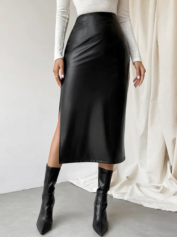 Sheath Leather Skirt Autumn And Winter Black Slit Straight Skirt