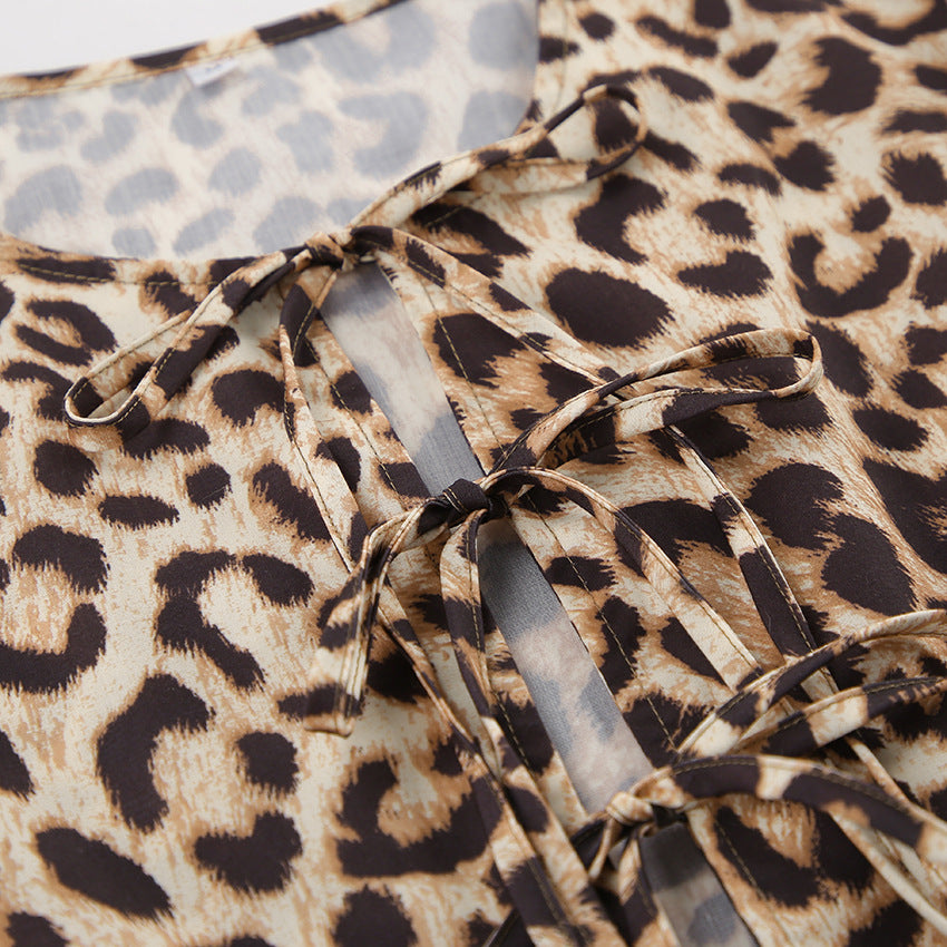 Leopard Print Puff Sleeve Tie Front Top