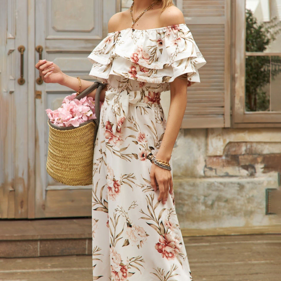 Strapless Floral Asymmetric Satin Dress