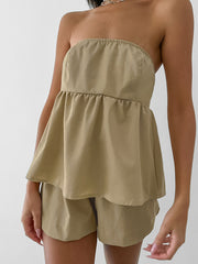Off-Shoulder Shirred Shorts Set