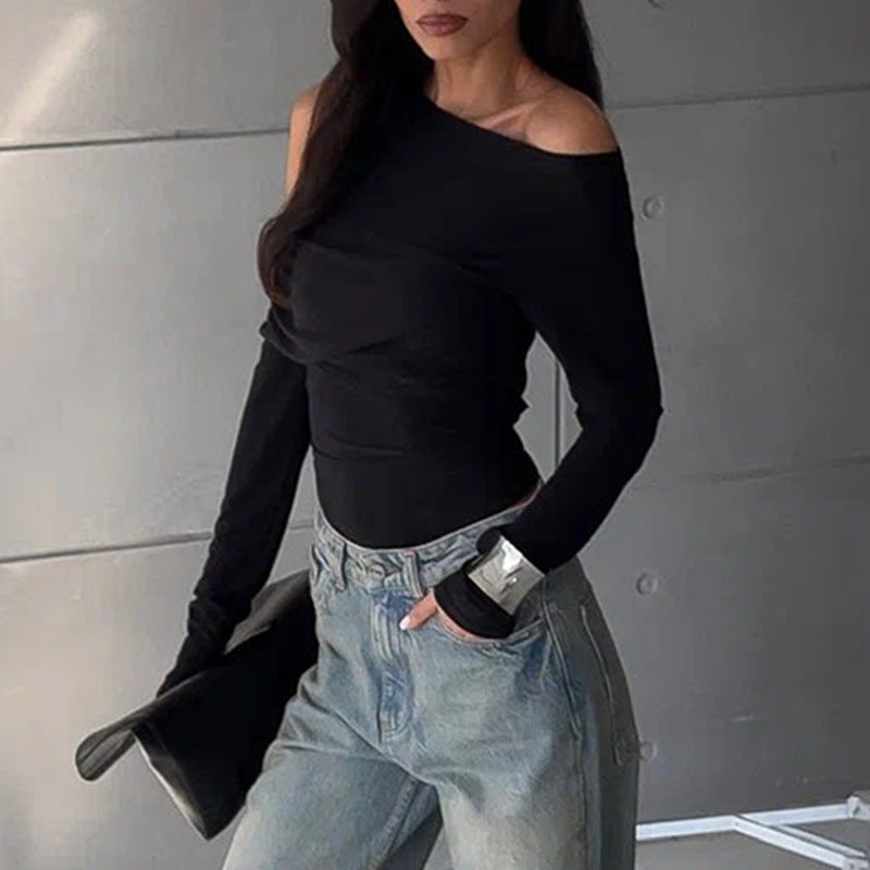 Slim Long Sleeve Cross Wrap  Off Shoulder Crop Top