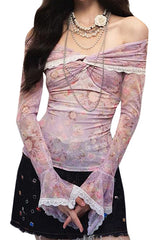 Off-Shoulder Floral Print Ruffled Lace Long-Sleeved Top