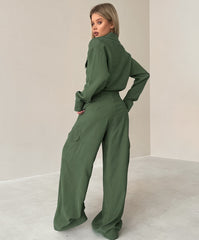 Long Sleeve Single-breasted Cargo Jumpsuits