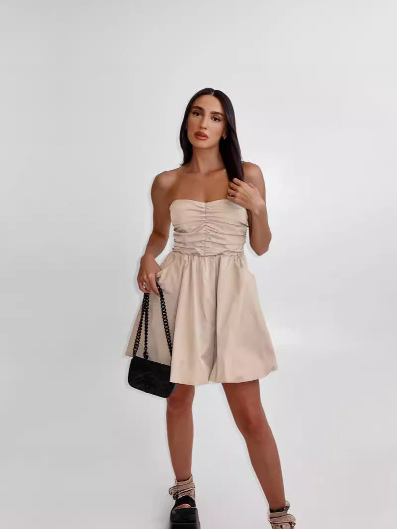 Sleeveless Sweetheart Neck Ruched Tube Top Flare Short Dress