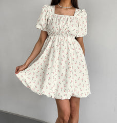 Short-Sleeve Square Neck Floral Print Mini A-Line Dress