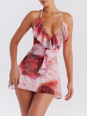 Rose Print Frill Halter Mini Dress